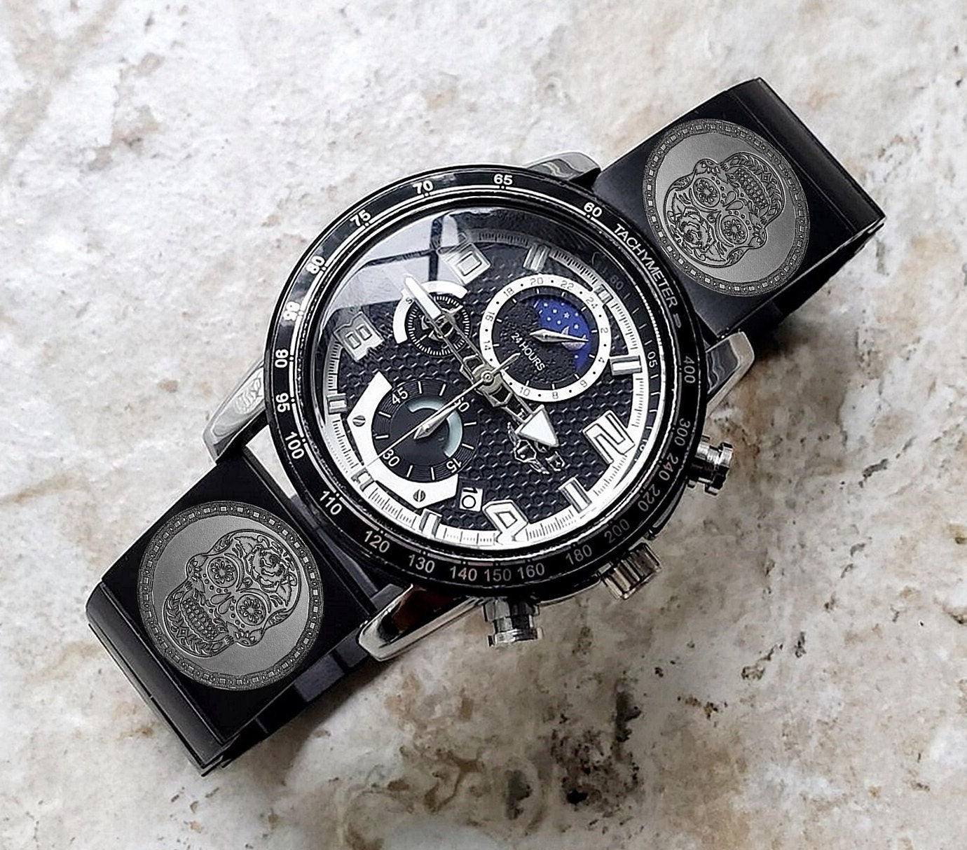 Engraved Watch Band for 22mm Width Lugs Traditional Casual Luxury and Smartwatches Black Color Stainless Steel Bracelet Strap SS2